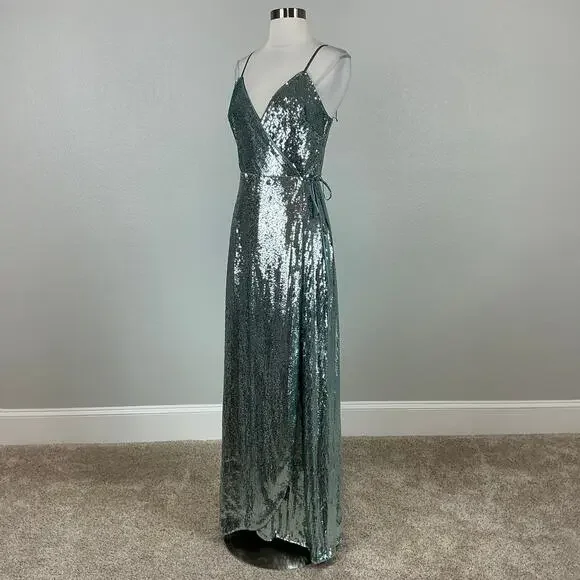 Aidan Mattox Sequined Wrap Evening Gown Size 8 Sparkly Green-Blue Formal Dress - Picture 5 of 13